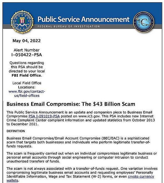 ビジネス電子メール(BEC)の被害総額は5年間で430億ドル超、FBIが注意喚起