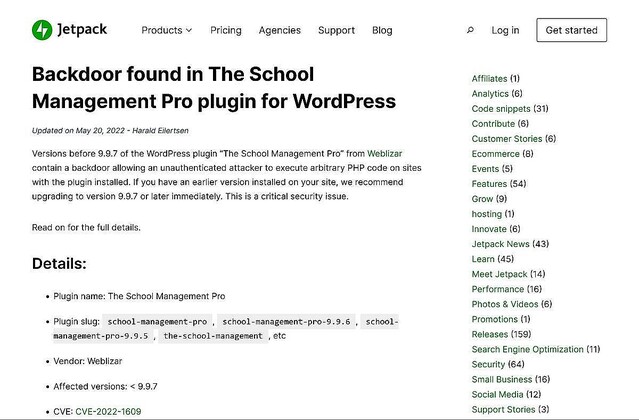 WordPressの学校管理プラグインに緊急の脆弱性、ただちに確認とアップデートを
