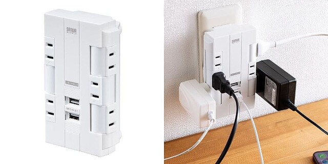 電源タップを壁に直挿し！ USB×2でスマホも充電できます