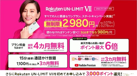 楽天モバイルが新料金プラン「Rakuten UN-LIMIT VII」を発表！7月1日に提供開始で既存利用者も自動移行。1GB以下なら無料は廃止