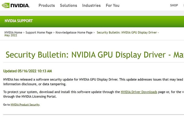NVIDIA GPU用ディスプレイドライバに10件の脆弱性 – 5月4週目までに対応予定
