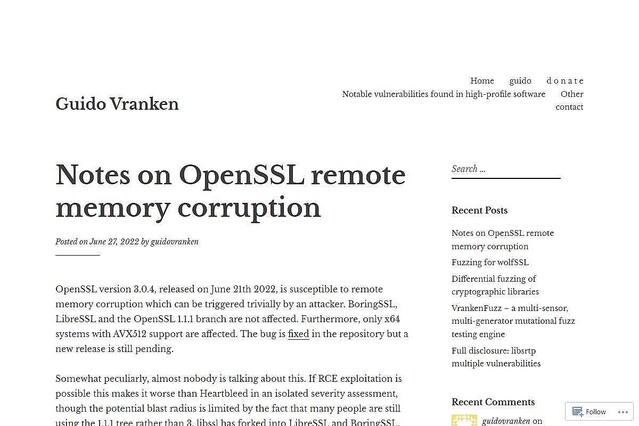OpenSSLにリモートメモリ破壊の脆弱性、深刻度が緊急の可能性も