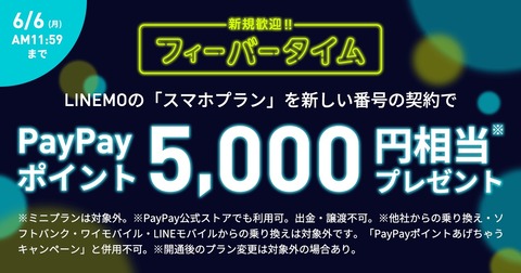 ソフトバンク、携帯電話サービス「LINEMO」のスマホプランを新規契約で5千PayPayポイントプレゼント！6月6日11時59分まで