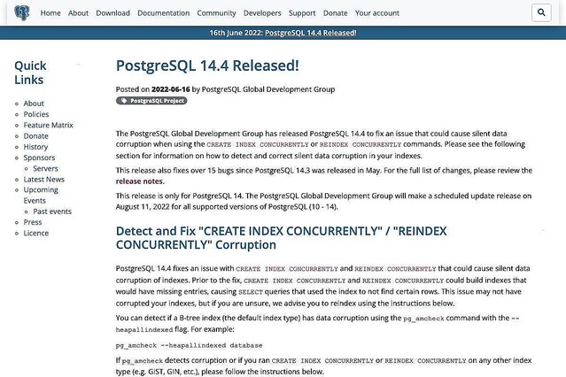 PostgreSQL 14.4登場、インデックスデータ破損の問題を修正
