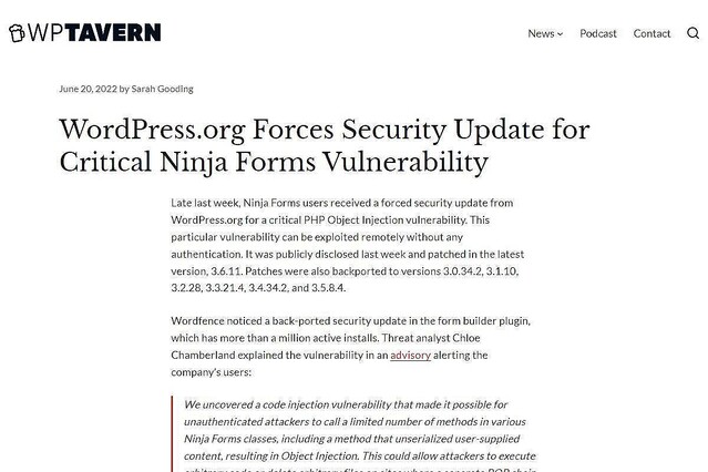 WordPress.org、「Ninja Forms」の強制アップデートを実施