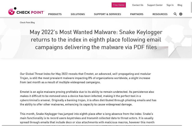 5月マルウェアランキング、キーロガー「Snake Keylogger」がPDFで感染拡大