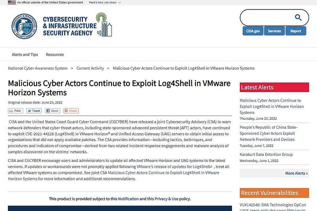VMwareの脆弱性「 Log4Shell」が組織への侵入に悪用されている、米当局が警告