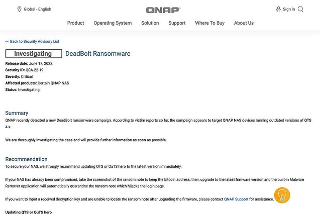 QNAPにランサムウェア攻撃確認、ただちにアップデートを