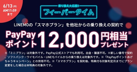 ソフトバンク、携帯電話サービス「LINEMO」のスマホプランをMNPで申し込むと1万2千PayPayポイントプレゼント！6月13日11時59分まで