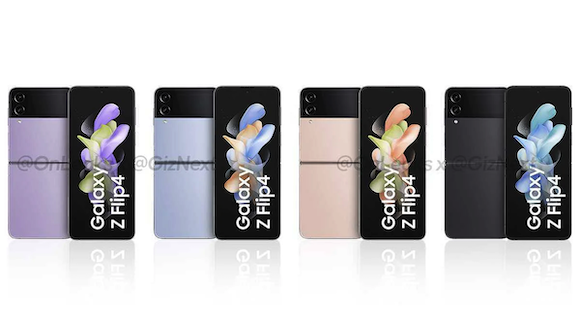 Galaxy Z Flip4の4種類の本体カラーの別アングルのレンダリング画像