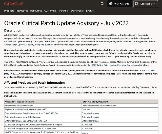 Oracle、2022年7月のパッチアップデートリリース – 349件の脆弱性修正