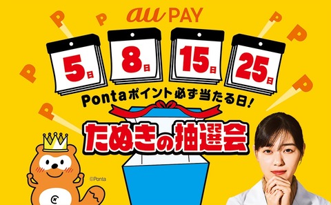 決済サービス「au PAY」にて毎月5の付く日と8日に200円以上利用すると抽選で最大3千ポイントがもらえる「たぬきの抽選会」が実施中