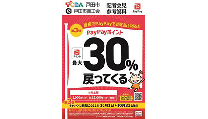 埼玉・戸田市、PayPayで最大30パーセント戻ってくるキャンペーン