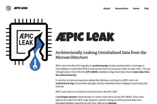 Intel製CPUに新しい脆弱性「ÆPIC Leak」、暗号鍵漏えいのリスク