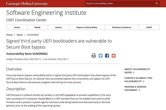 UEFIブートローダに脆弱性、セキュアブートをバイパスしコードを実行