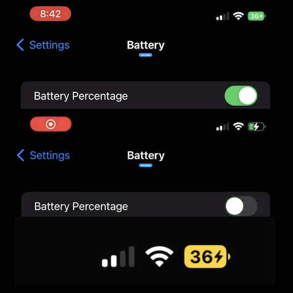 iPhone+iOS16β5でバッテリー残量が%表示に切り替わる様子を収めた動画