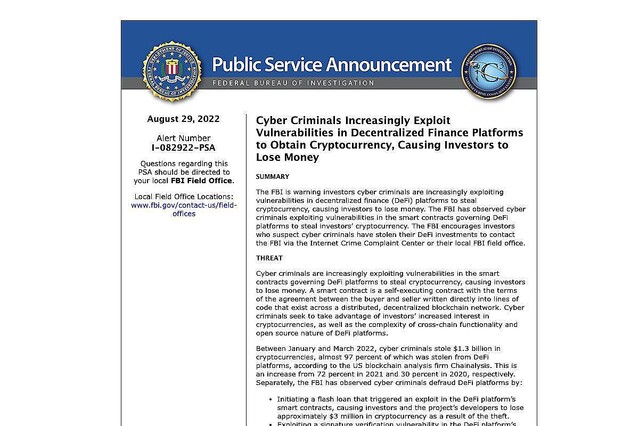 分散型金融プラットフォーム、脆弱性突かれて暗号資産窃取の恐れ – FBI警告