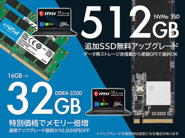 アーク、対象MSI製PC購入で512GB SSDの追加が無料 – メモリ増設も1万円オフ
