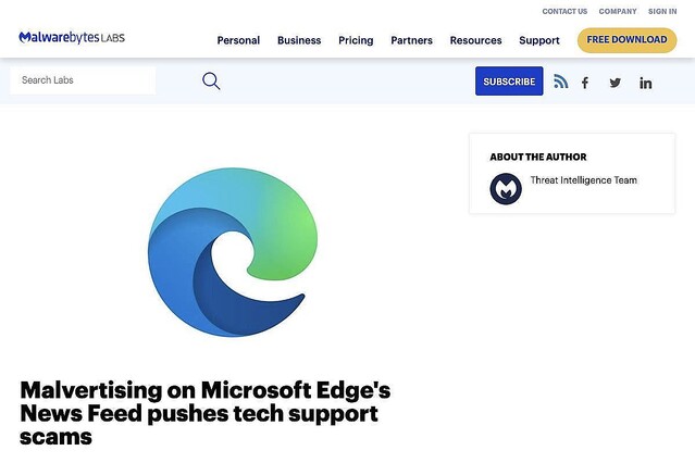 Microsoft Edgeのニュースフィードに注意、技術サポート詐欺を確認