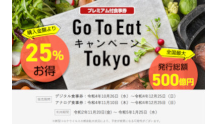 本日から「Go To Eat東京」のデジタル食事券の販売再開