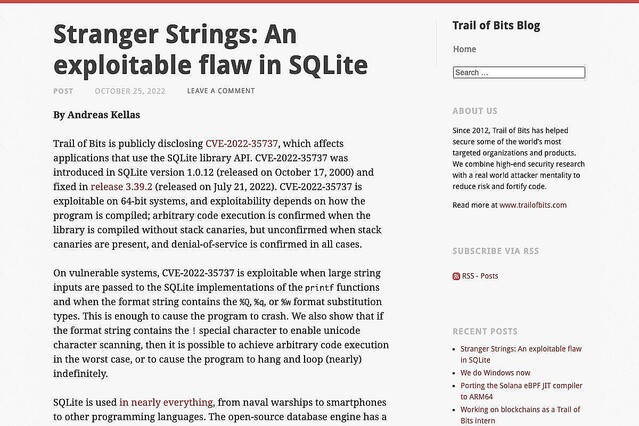 SQLiteに20年以上前から存在していた脆弱性が見つかる、ただちに更新を