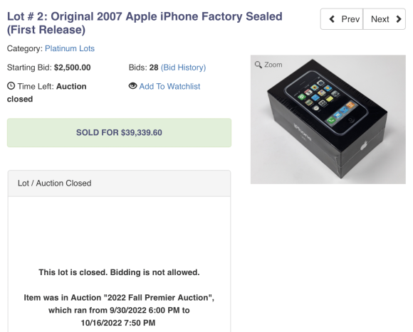 オークションに出品された未開封初代iPhone、予想を上回る金額で落札