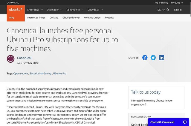 10年間アップデート提供するUbuntu Pro、個人や小規模は無償で提供開始