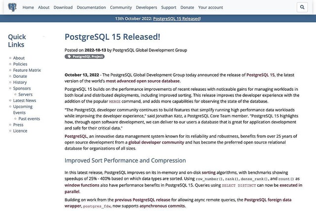 PostgreSQL 15リリース、ソートの性能改善やZstandard圧縮サポート