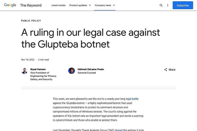 GoogleがGluptebaボットネットに勝訴、ロシアに拠点置く犯罪者に金銭的制裁