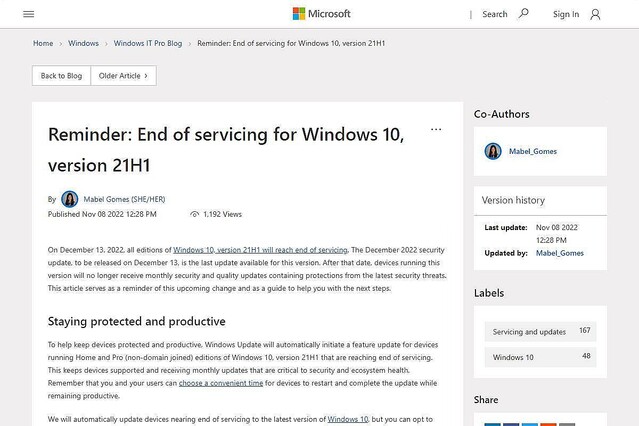 Windows 10, version 21H1、12月13日でサポート終了