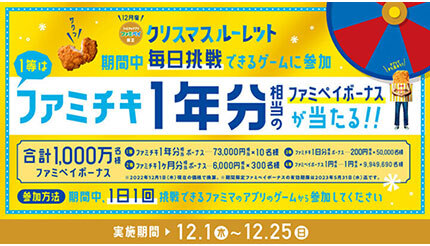 「ファミチキ1年分」相当のファミペイボーナスがもらえる！ ファミマが「クリスマスルーレット」開催中