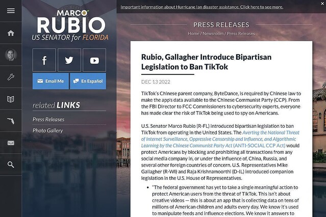 米国上院議員、TikTokを禁止する超党派の法案を提出