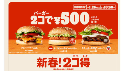 バーガーキング、「2個500円」キャンペーンに「スパイシーチキンバーガー」が新加入