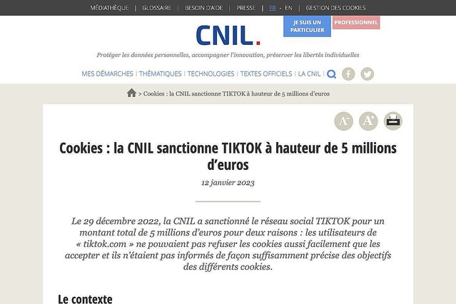 フランス当局、TikTokにCookieの利用目的不十分で500万ユーロの罰金科す