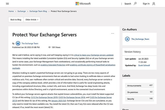 Microsoft、Exchangeサーバを最新の状態に保つよう注意喚起