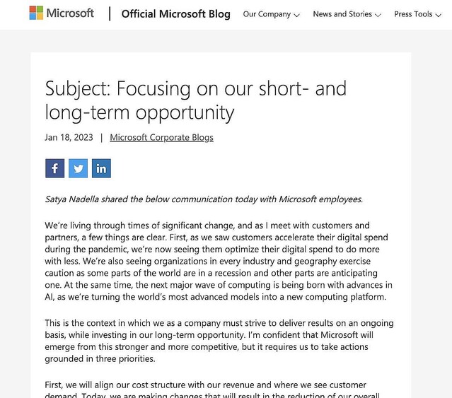 Microsoft、2023年度第3四半期末までに1万人解雇すると従業員に通達