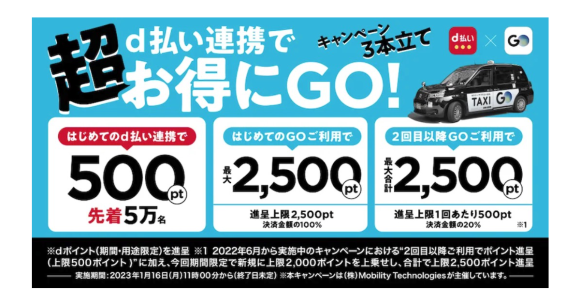 タクシーアプリ「GO」、d払い連携で最大5,500pt進呈のキャンペーン開始