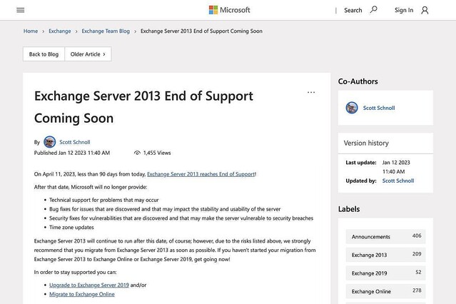 Microsoft Exchange Server 2013のサポート終了迫る、残り90日足らず