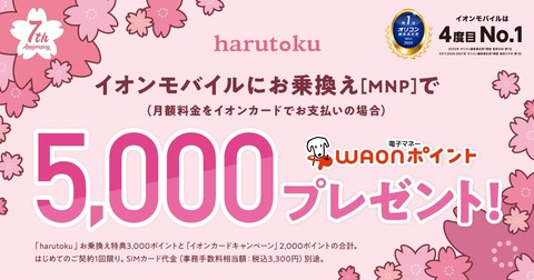 携帯電話サービス「イオンモバイル」にて7周年記念の「春得キャンペーン」が4月10日まで実施中！MNPで最大5千ポイントプレゼントなど