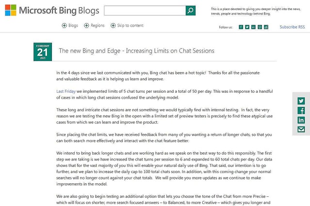 Microsoft、Bing検索エンジンAIチャットの制限引き上げを発表