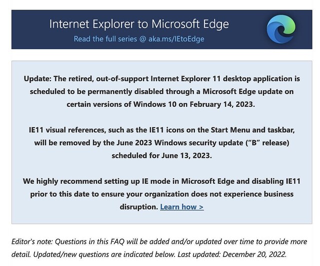 Microsoft、2月14日でWindows 10のInterner Explorer 11を完全無効化