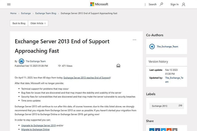 Microsoft Exchange Server 2013、あと60日足らずでサポート終了