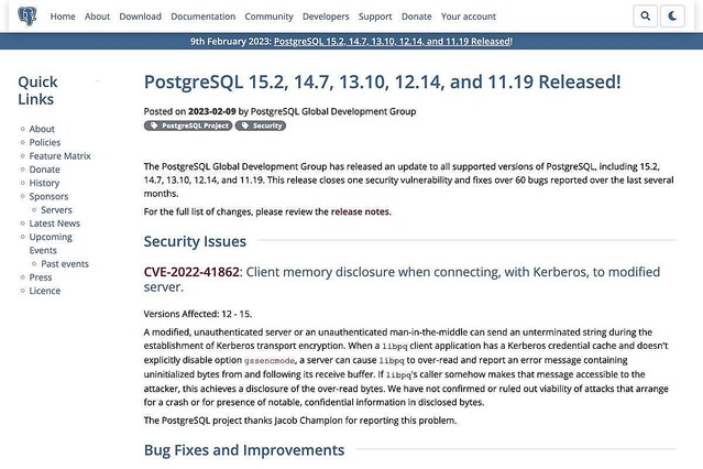 PostgreSQL 15.2、14.7、13.10、12.14、11.19リリース、1件の脆弱性を修正