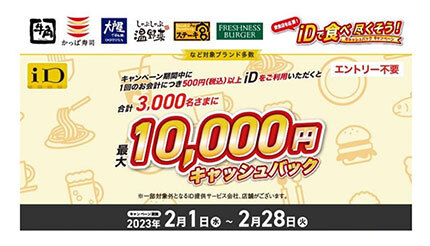 電子マネー「iD」×コロワイドグループ、抽選で最大1万円分還元 2月28日まで