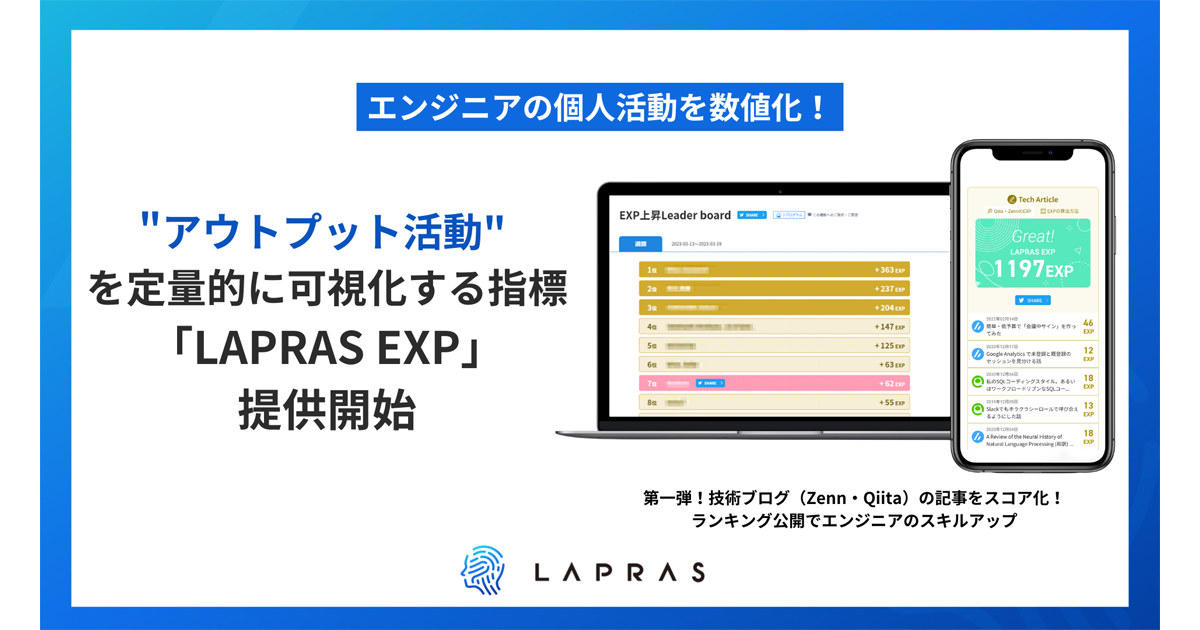 エンジニア向けキャリアマッチングプラットフォーム「LAPRAS」、エンジニアのアウトプット活動を定量的に可視化する指標「LAPRAS EXP」を本格提供