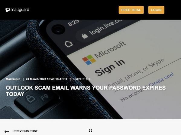 Outlookのパスワード有効期限切れ通知を装うフィッシングメールに注意