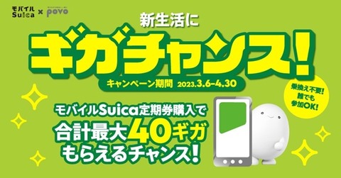 KDDI、オンライン専用プラン「povo2.0」にてモバイルSuicaの2万円以上の通学・オフピーク定期券購入で20GBがもらえるキャンペーンを実施
