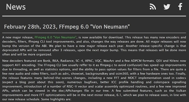 「FFmpeg 6.0」公開 – NVENCとQSVでAV1のGPUエンコードに対応、CLIも高速化