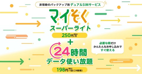 携帯電話サービス「mineo」にて料金プラン「マイそく」の専用オプション「24時間データ使い放題」を330円→198円／1回（24時間）に値下げ