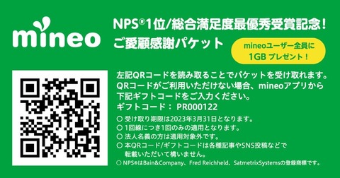 携帯電話サービス「mineo」で高速データ容量1GBがもらえる「満足度最優秀受賞記念 ご愛顧感謝パケットプレゼント」キャンペーンを実施中